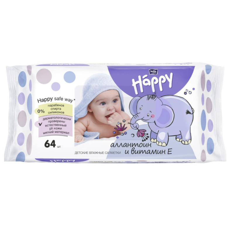 xx Lingettes humides Bella Baby Happy Allantoïne + Vit. E 1 x 64 pièces.