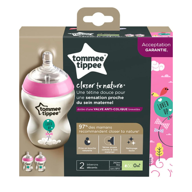 Lot de 2 Biberons Tommee Tippee Closer to Nature 0m+ Rose - 260ml