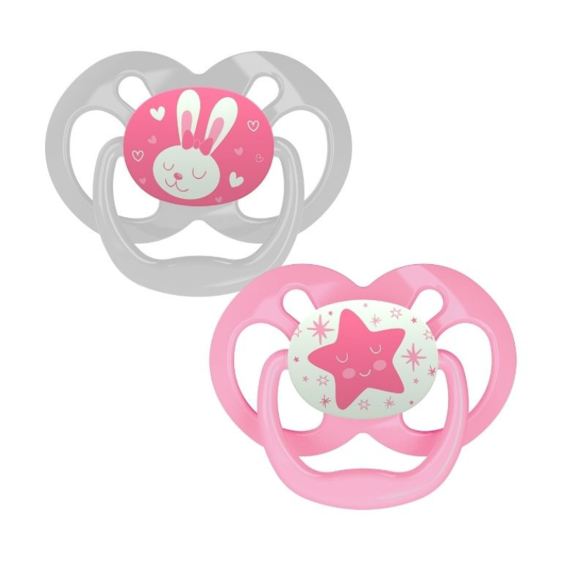 xx Lot de 2 sucettes Advantage Glow de 6 à 18 mois – Étoiles roses et grises