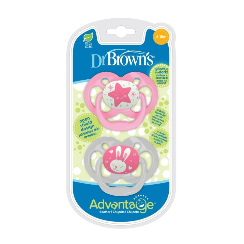 Lot de 2 sucettes Advantage Glow de 6 à 18 mois – Étoiles roses et grises