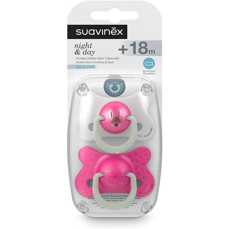 Lot de 2 sucettes réversibles Night and Day 18M+ – Rose – Suavinex