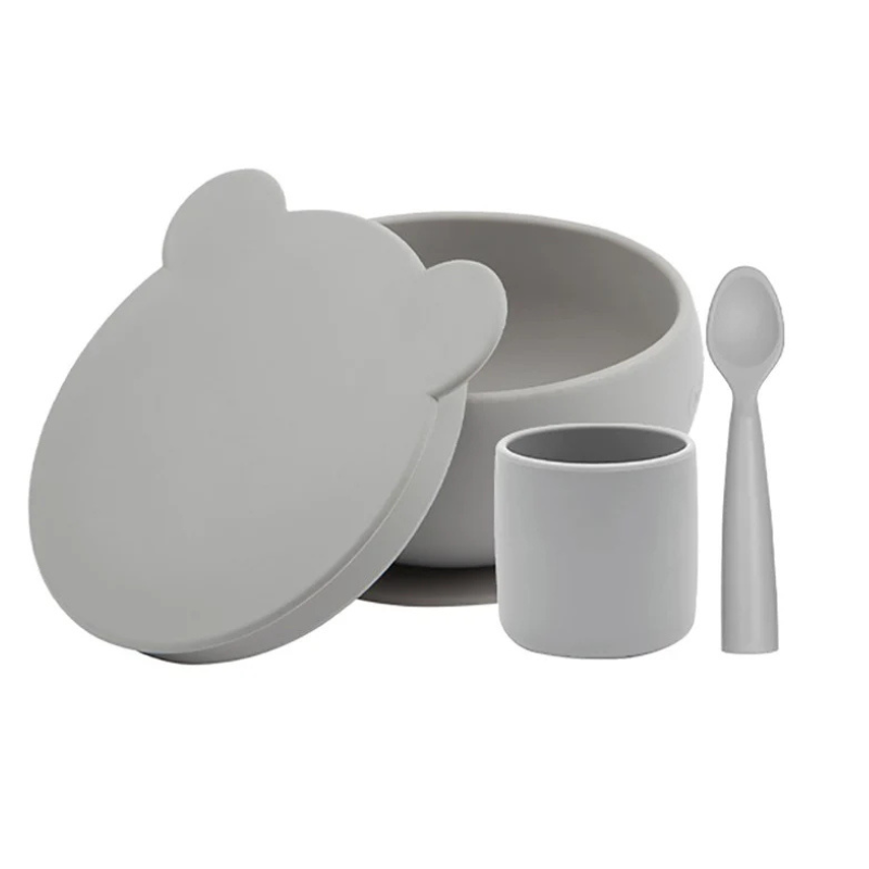 Set en Silicone MINIKOIOI : Bol Gobelet Cuillère – Gris