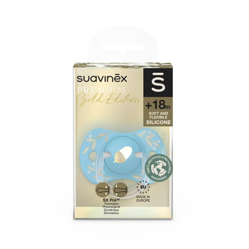 xx Suavinex Sucette Premium Silicone SX Pro Bleu - Doré - 18M+
