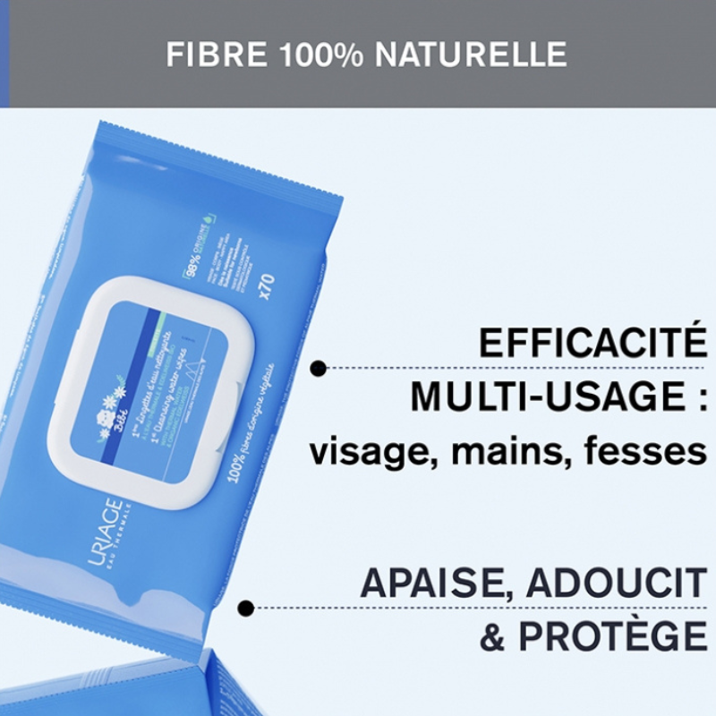 Uriage Bébé 1ères Lingettes d'Eau Nettoyante 70 Lingettes